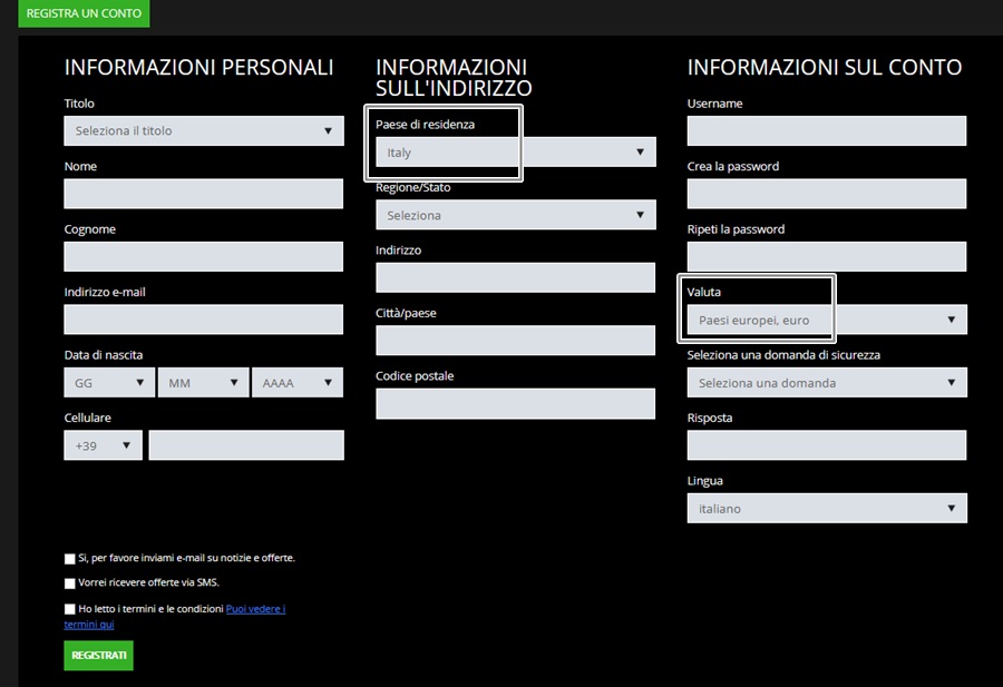 La pagina di registrazione al sito