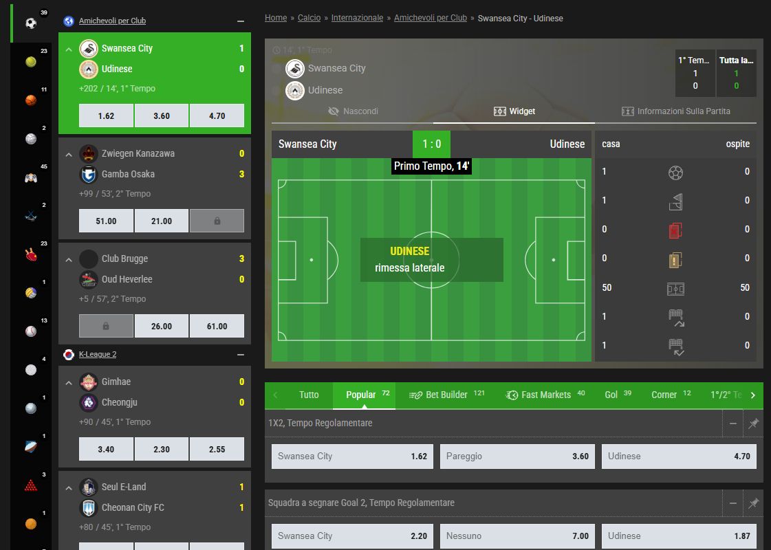 Possibilità di scommesse dal vivo